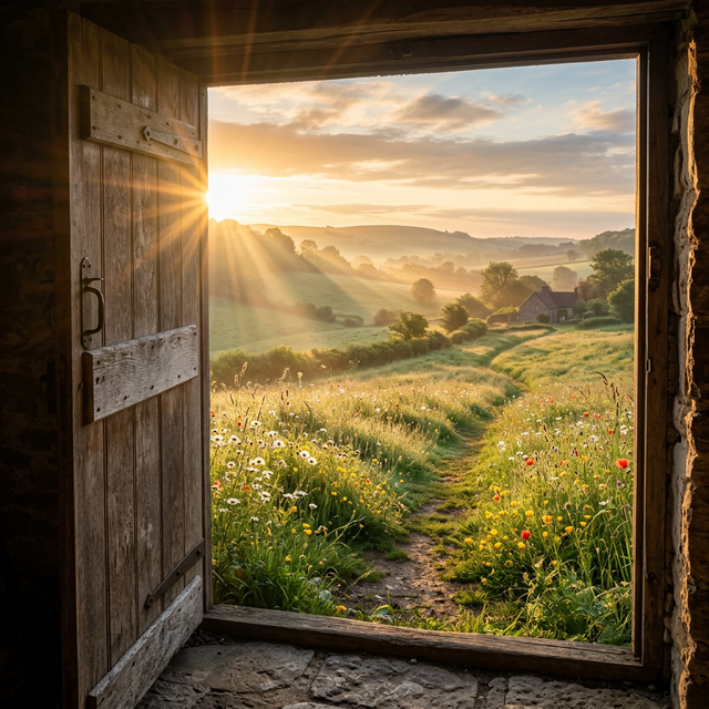 Golden sunlight streaming through an open door onto a meadow
